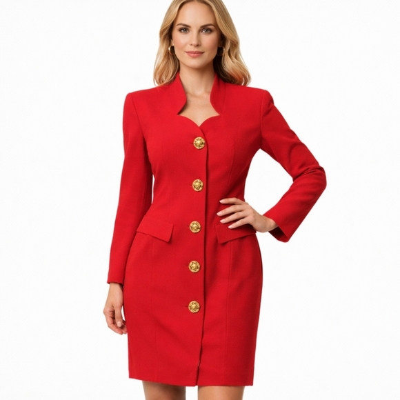 Bicci New York | Vintage Designer Red Tailored Gold Buttons Dress - Picture 5 of 8